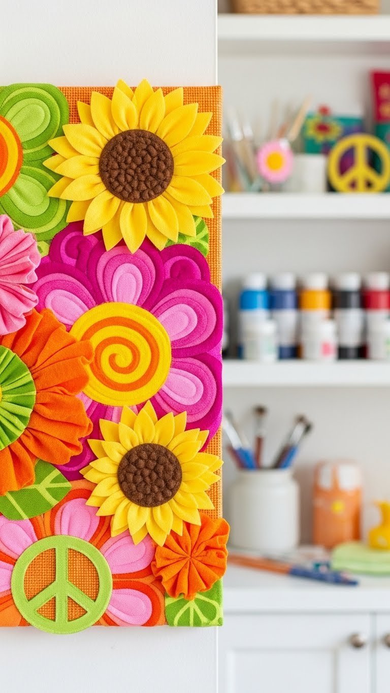 DIY flower power wall art featuring vibrant layered fabric petals in sunflower yellow, orange, and hot pink colors