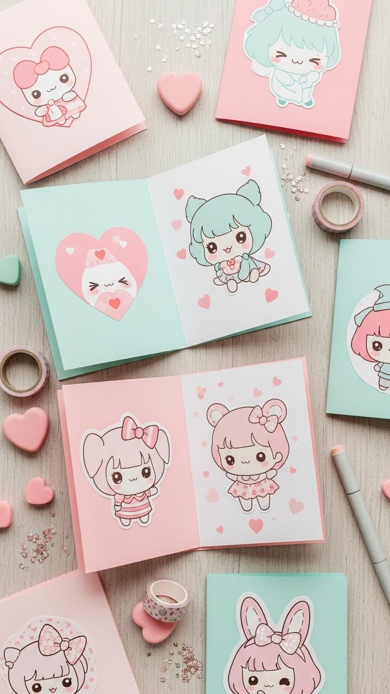DIY kawaii Valentine cards with heart-themed designs, chibi art characters, and sparkly accents arranged on a light wooden tabletop flat lay.
