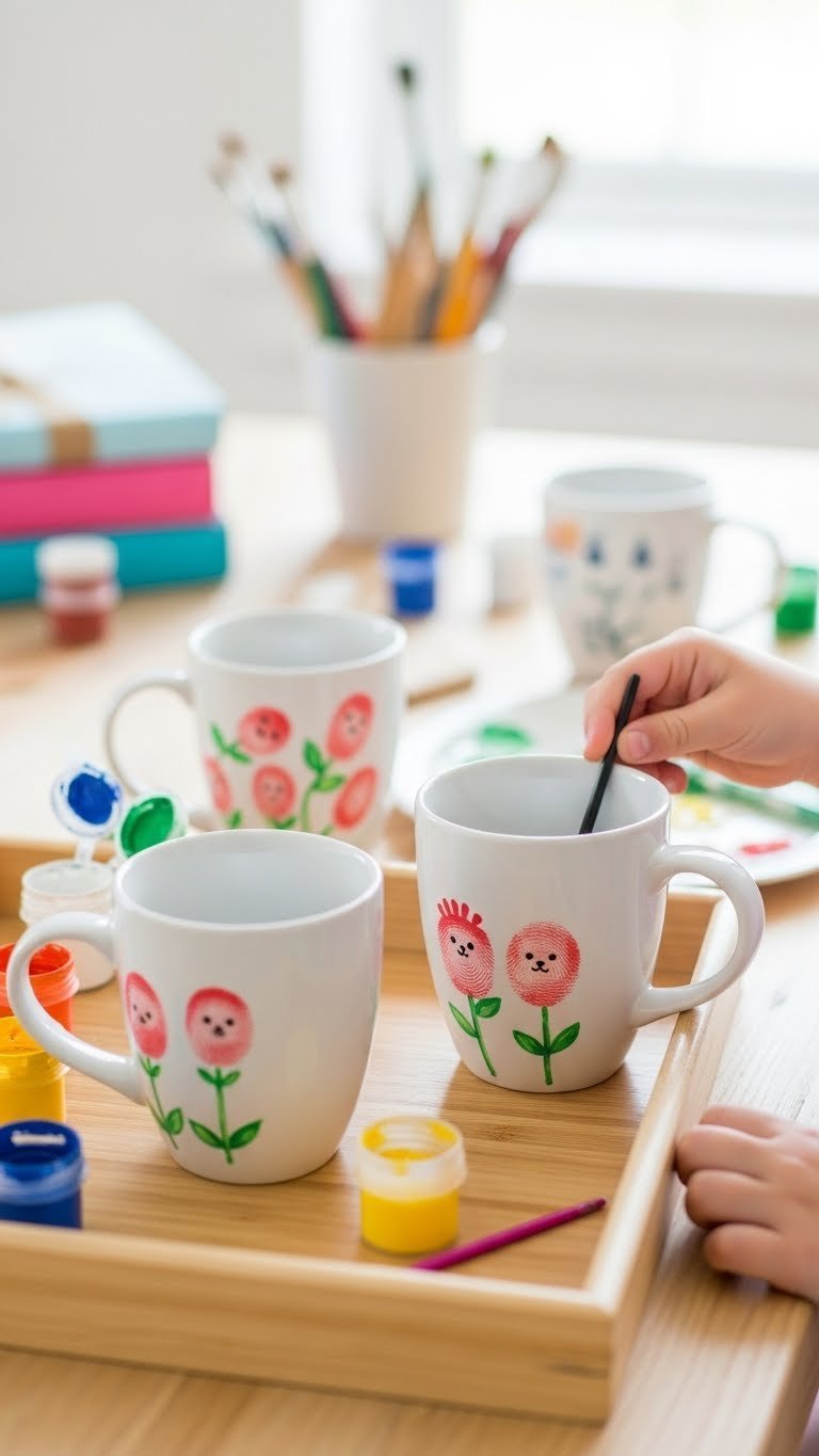 DIY painted coffee mugs featuring adorable fingerprint art transformed into tiny animals arranged playfully on wooden tray.