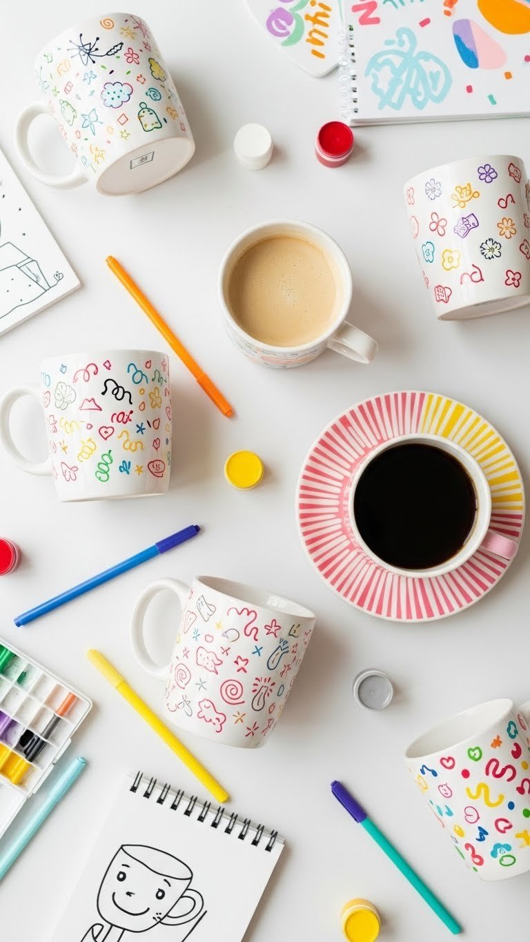 DIY painted coffee mugs with whimsical doodle art using colorful paint pens arranged in vibrant flat lay display.
