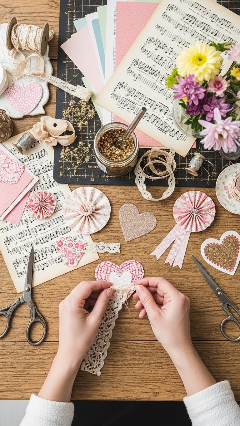 DIY vintage valentine crafting session showing hands gluing lace onto paper heart surrounded by crafting supplies