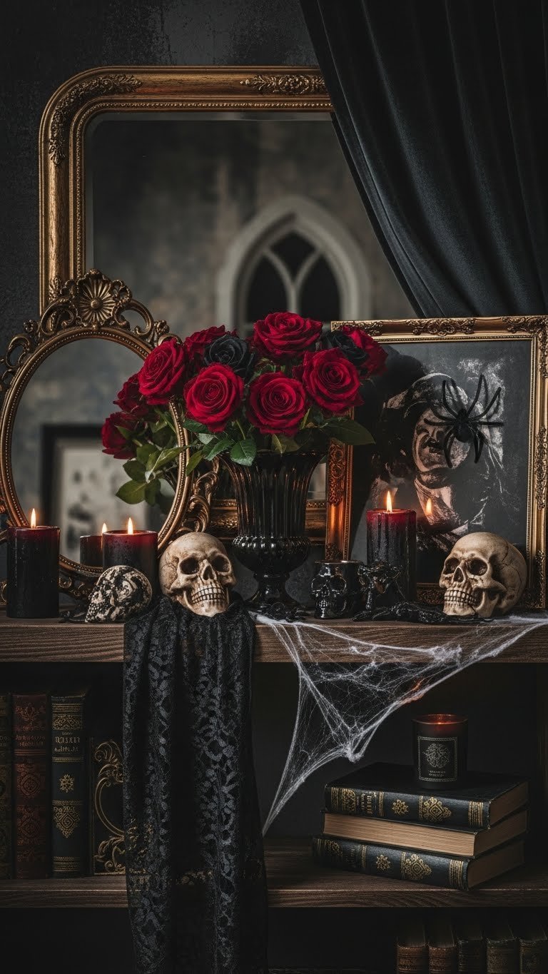 Dark Valentine's aesthetic decor with crimson roses, gothic elements, and dramatic moody lighting