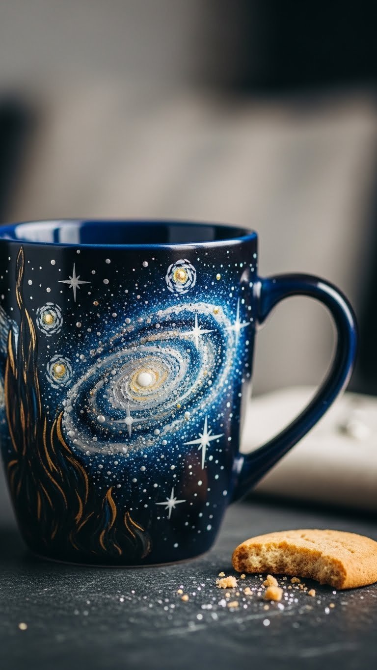 Dark blue ceramic mug with celestial starry night design featuring metallic silver accents