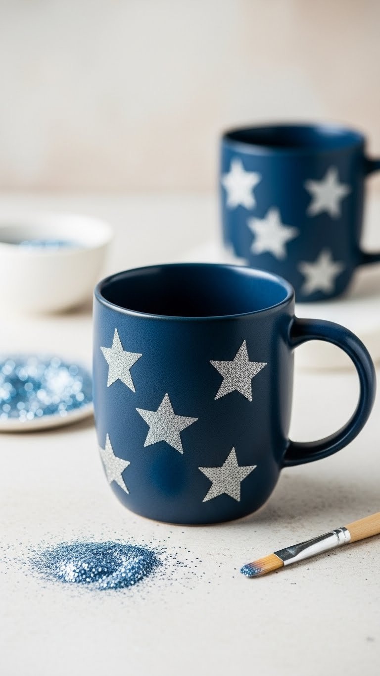 Dark blue glitter star mug with sparkling metallic stars on light textured background