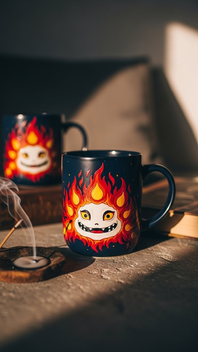 Dark ceramic mug featuring vibrant hand-painted Calcifer flames glowing with warm golden hour lighting