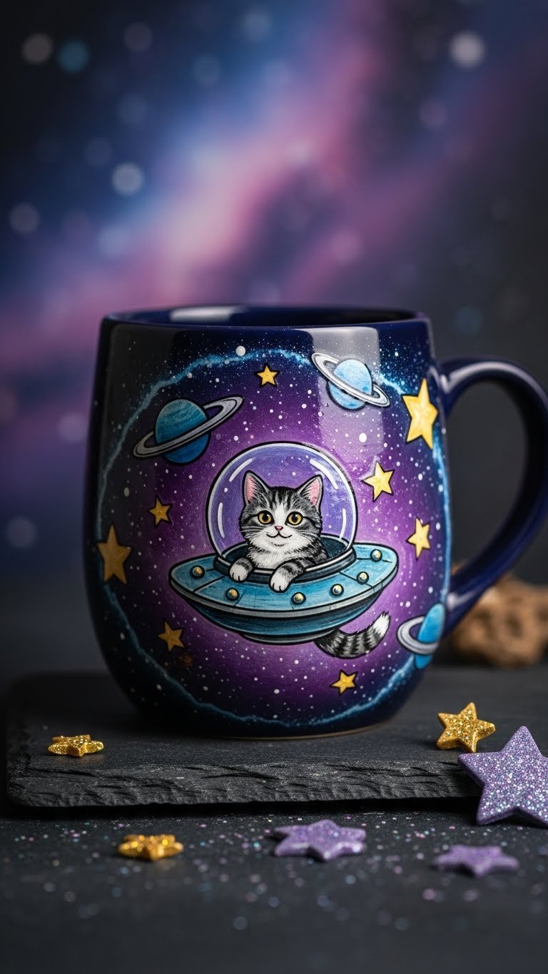 Dark ceramic mug hand-painted with fantasy cats in space theme among stars and magical elements