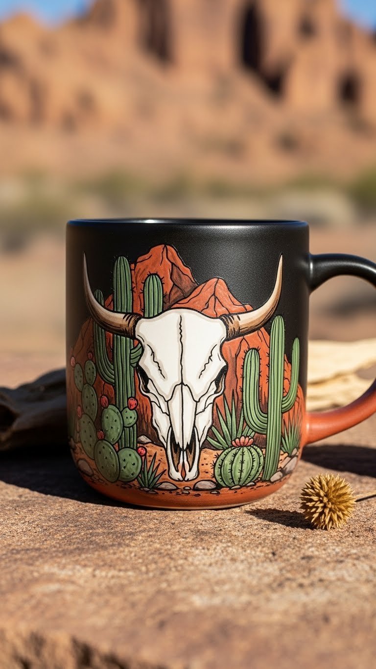 Dark ceramic mug with hand-painted desert cactus and steer skull motif on weathered stone surface