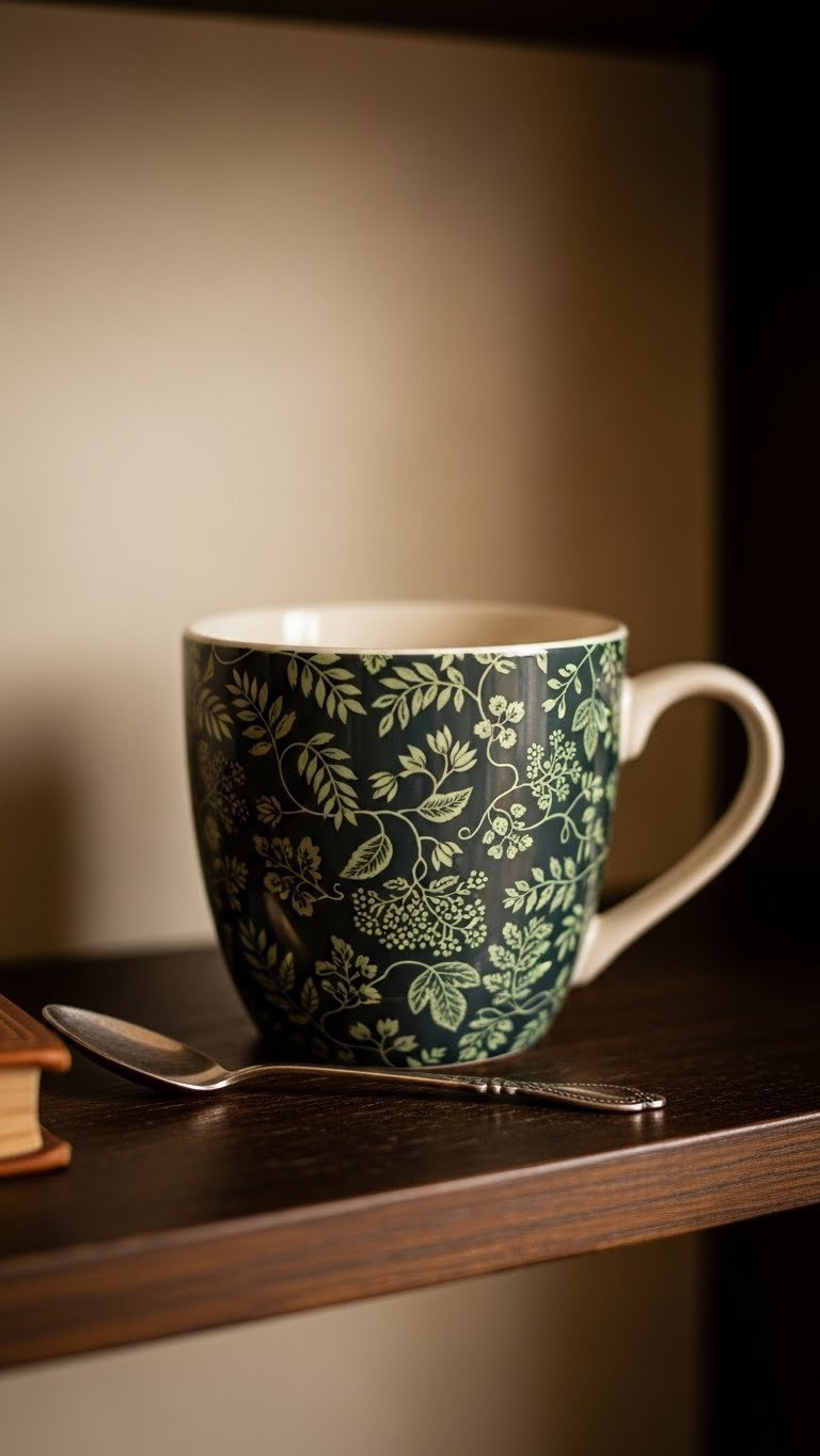 Dark ceramic mug with hunter green botanical patterns on dark wooden shelf with vintage spoon