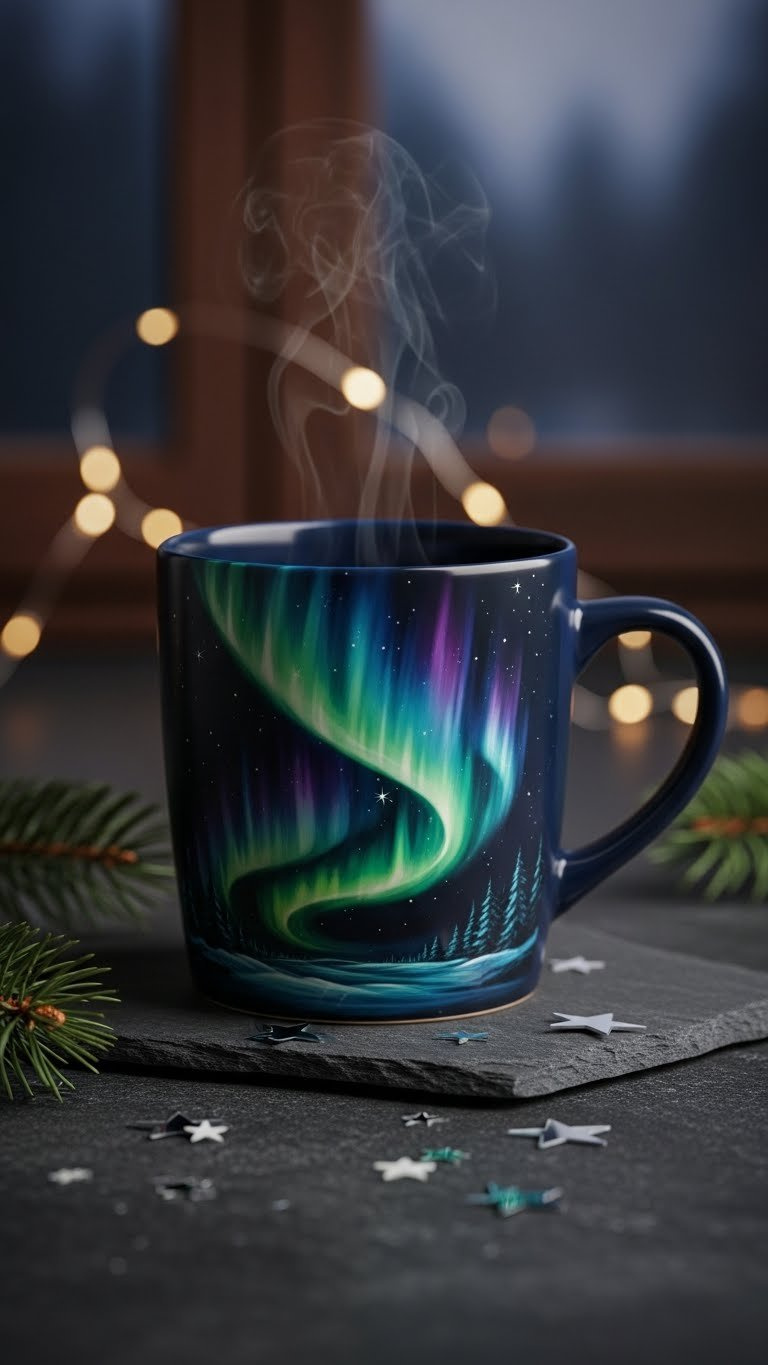 Dark ceramic mug with swirling northern lights abstraction in vibrant greens, blues and purples on textured stone surface.