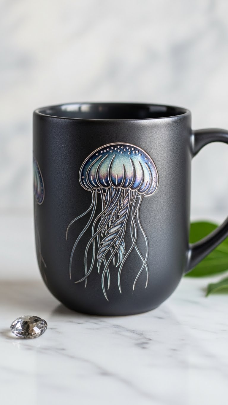 Dark-glazed ceramic mug with intricately etched jellyfish design and subtle hand-painted color accents