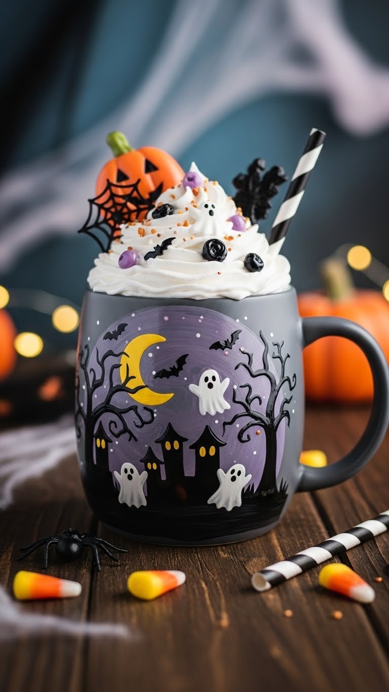 Dark grey ceramic mug featuring spooky Halloween scene with white ghosts, haunted trees, and crescent moon