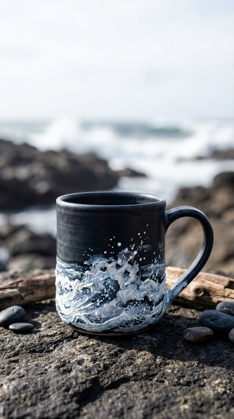 Dark textured ceramic mug with intricate foamy whitewater wave depiction on rough stone surface