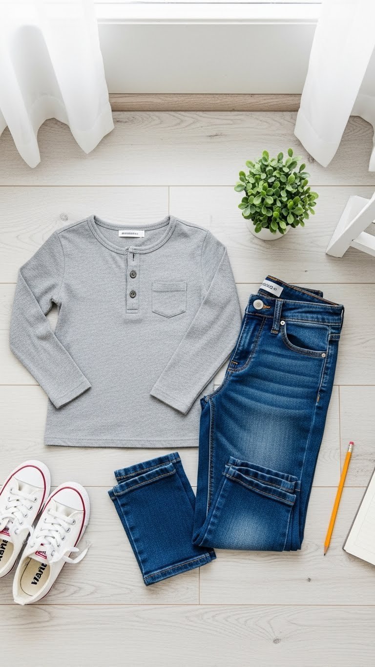 Dark-wash denim jeans and heather gray Henley shirt flat lay with white sneakers on light wood floor