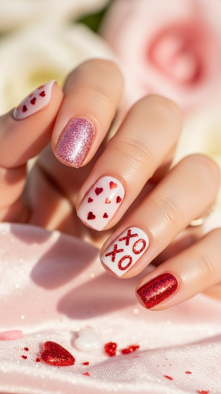 Dazzling glitter Valentine's nails with pink and red XOXO accents on matte base against soft velvet cloth backdrop.