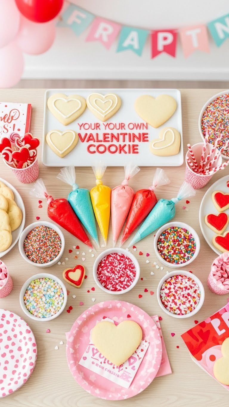 Decorate your own Valentine cookie station with heart-shaped cookies and colorful icing on festive table