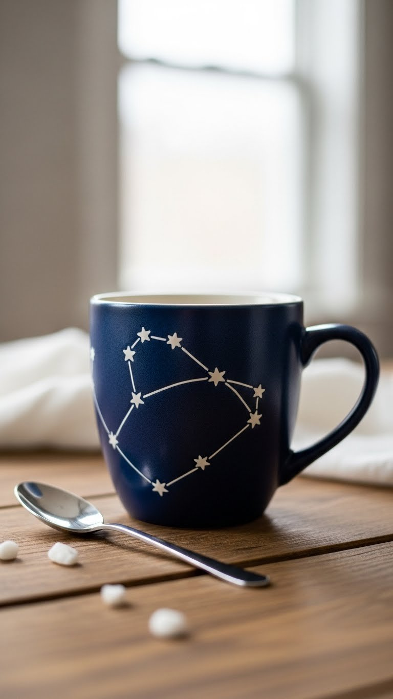 Deep blue constellation mug with intricate white star patterns on rustic wooden table setting