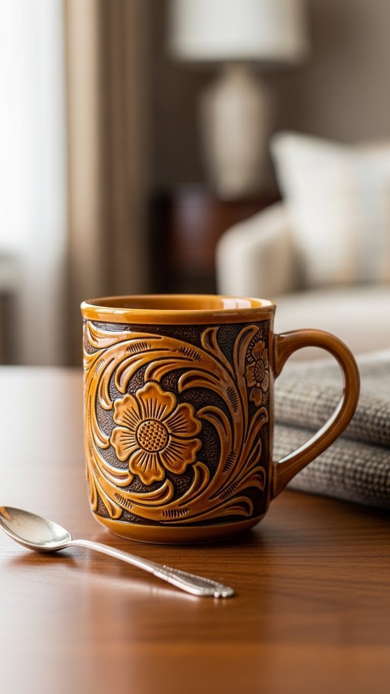 Deep brown ceramic mug featuring tooled leather-style floral patterns mimicking embossed texture on polished wood