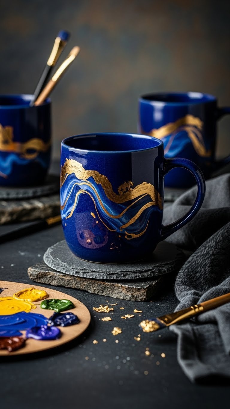 Deep indigo blue ceramic mug with fluid gold swirl patterns on slate coaster with artistic backdrop