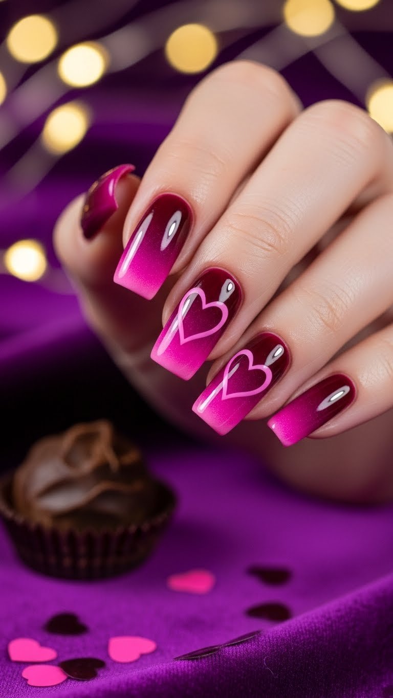Deep magenta cat eye ombre nail with heart shape on purple velvet cloth and dramatic side lighting