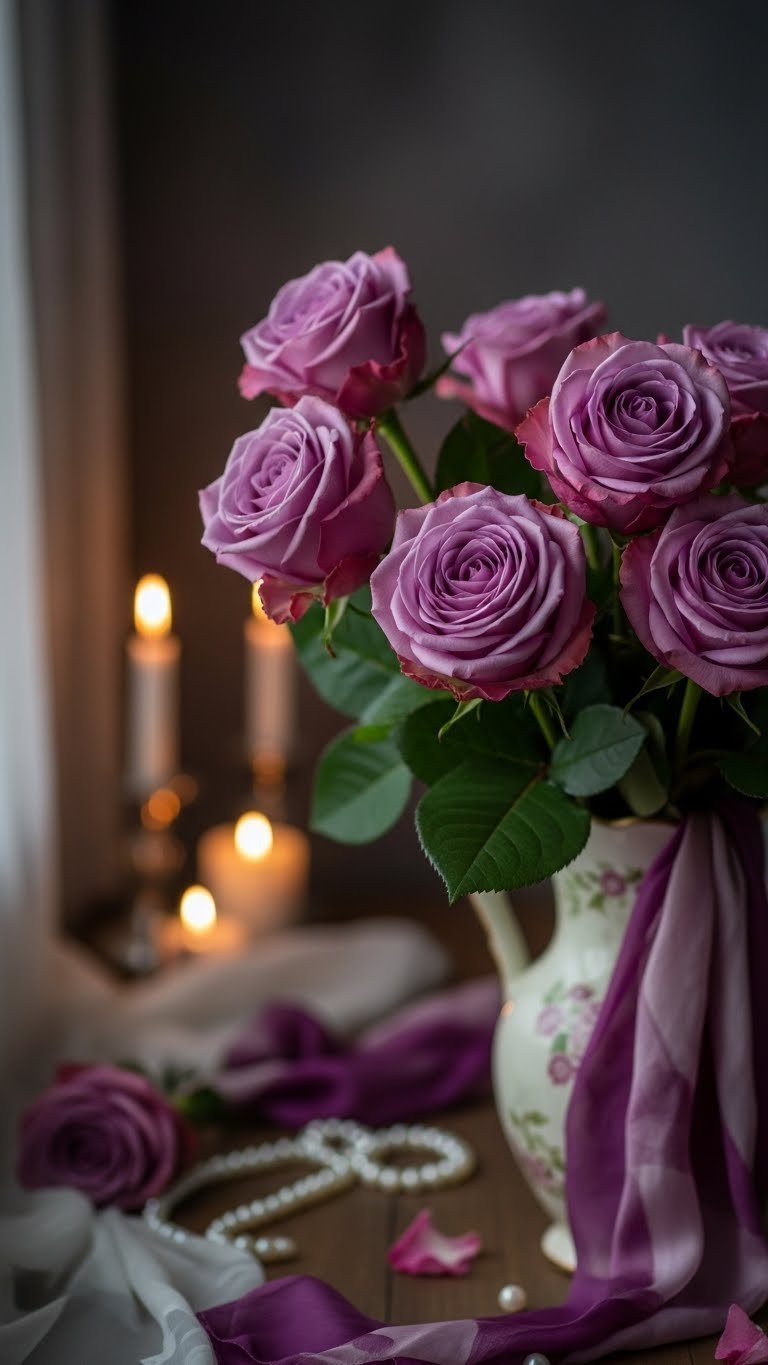 Deep purple roses in vintage ceramic vase with soft window lighting and romantic interior