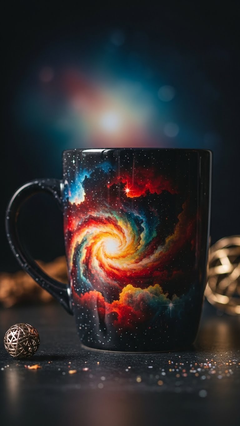 Deep space nebula designs on ceramic mug with swirling red, orange, and blue cosmic clouds against polished stone surface