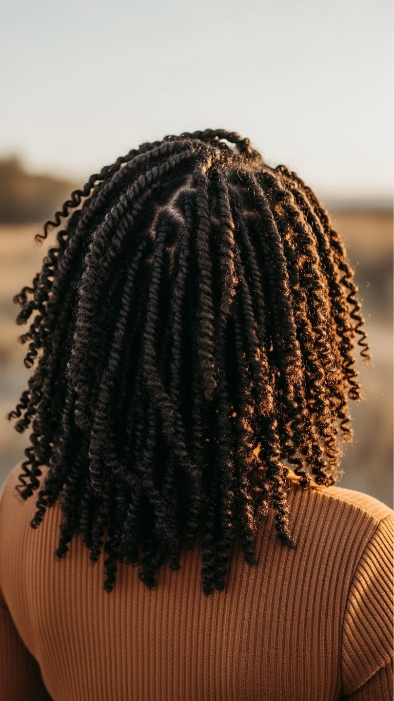 Defined twist-out natural hair curls on a black woman showing springy curl patterns in golden hour lighting.