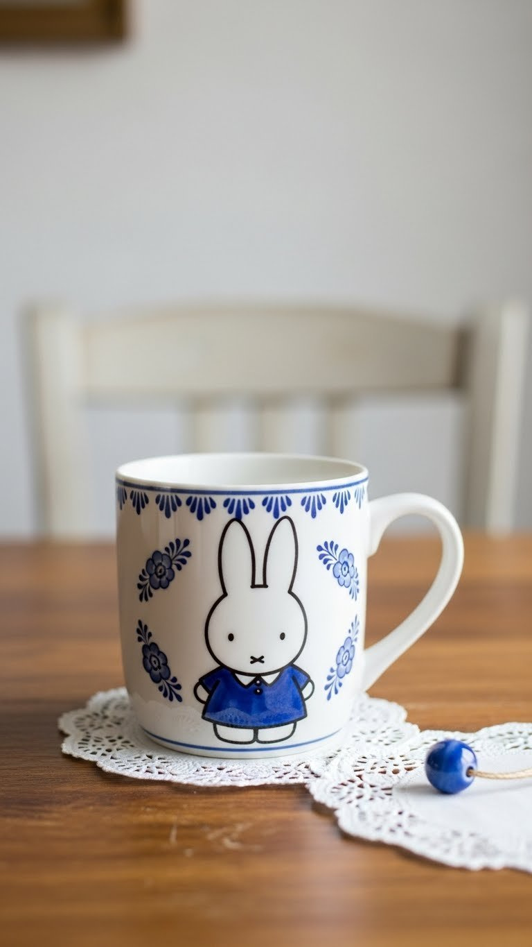 Delft Blue painted Miffy mug with floral motifs on rustic wooden table featuring white doily and blue ceramic bead