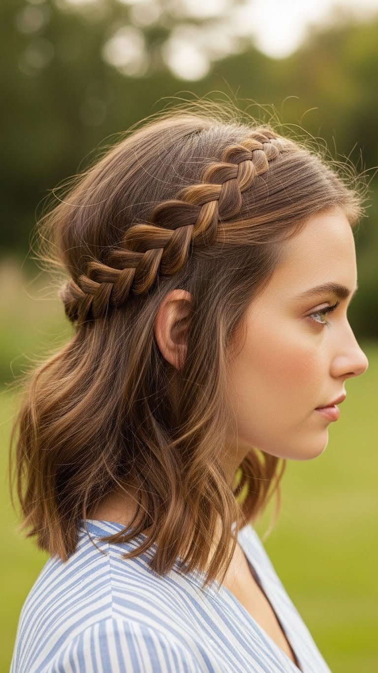 Delicate braided headband hairstyle with medium wavy hair styled across crown against softly blurred garden background