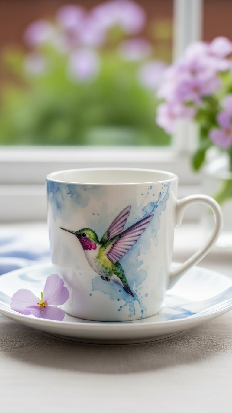 Delicate ceramic coffee mug featuring watercolor hummingbird painting on light-colored saucer with garden