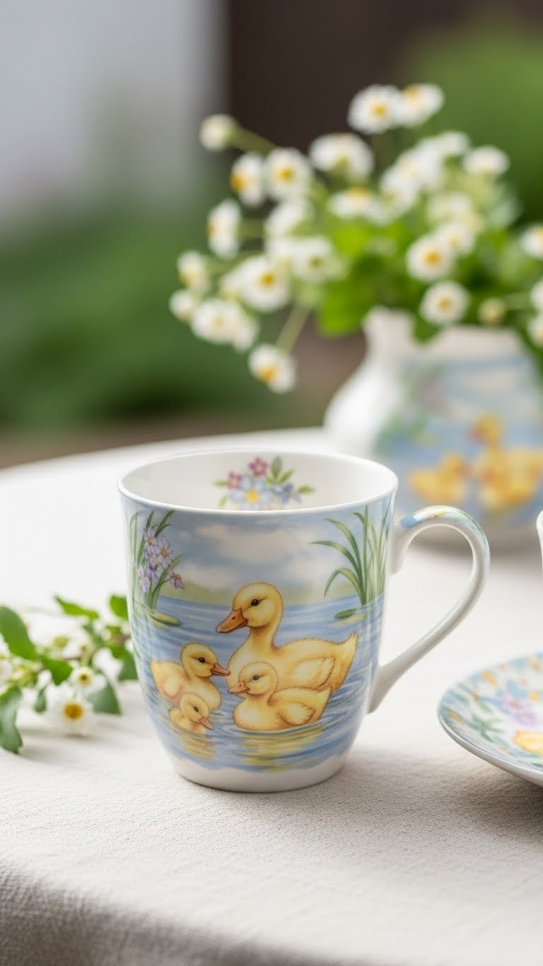 Delicate ceramic mug showing fluffy yellow ducklings swimming in a pond with soft pastel colors