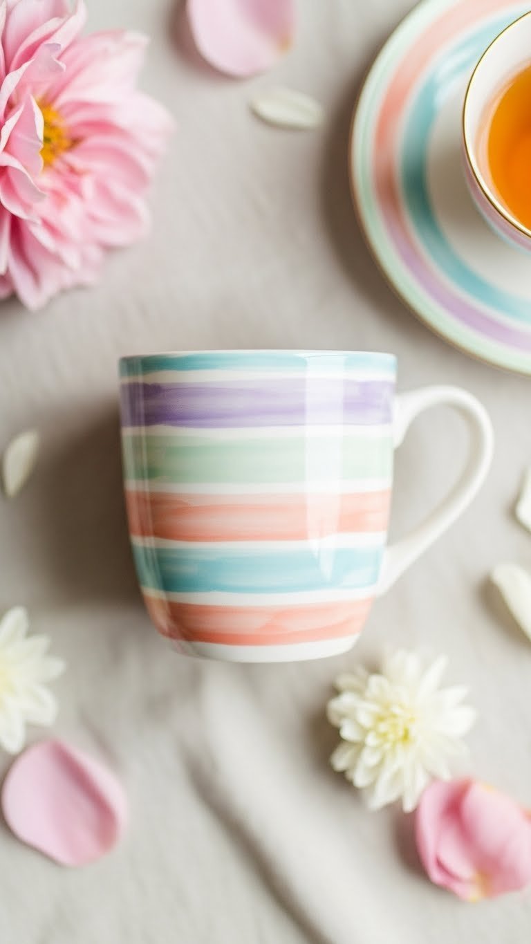 Delicate ceramic mug with soft lavender, peach, and pale blue watercolor stripes on neutral fabric