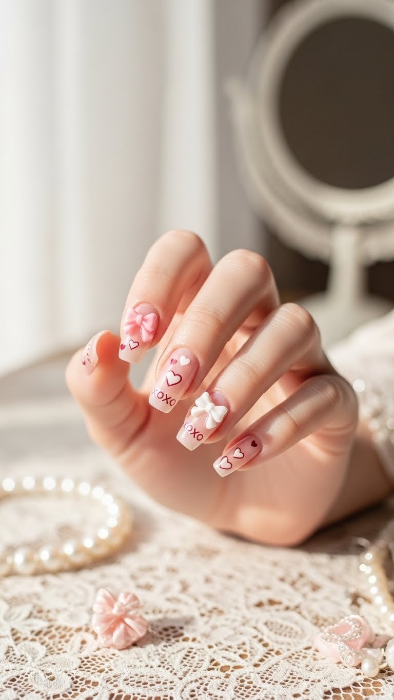 Delicate coquette bow XOXO nails with 3D bows and tiny hearts on sheer pink base against vintage lace background.