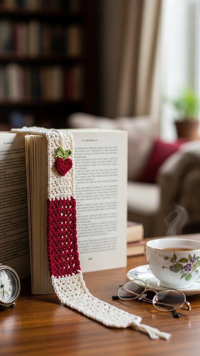 Delicate crochet Valentine's bookmark with heart detail peeking from open book on polished wooden surface