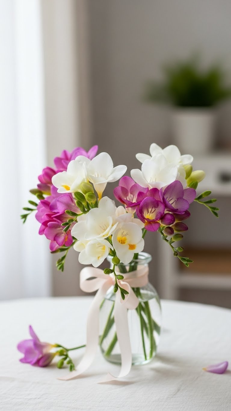 Delicate fragrant freesias in glass vase with soft natural light and airy interior