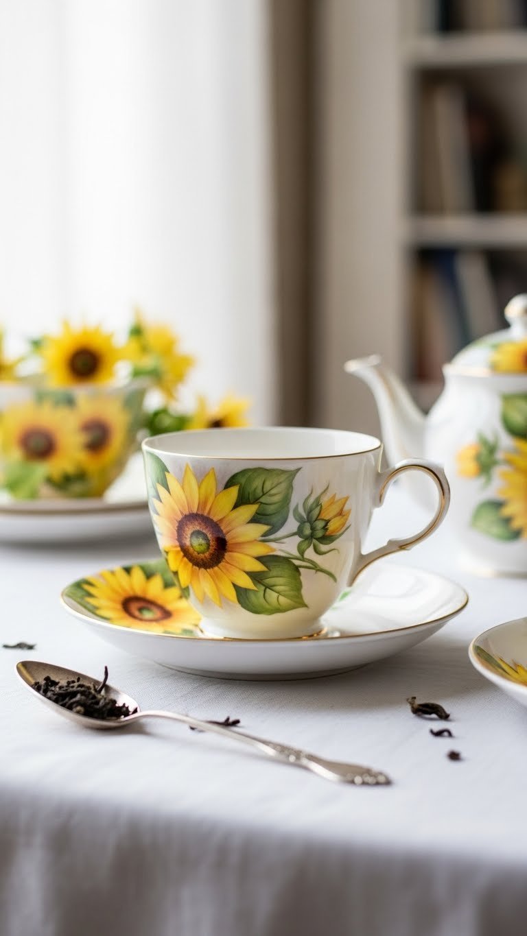 Delicate hand-painted sunflower tea cup on white linen with antique spoon and tea leaves, set against a blurred tea set.