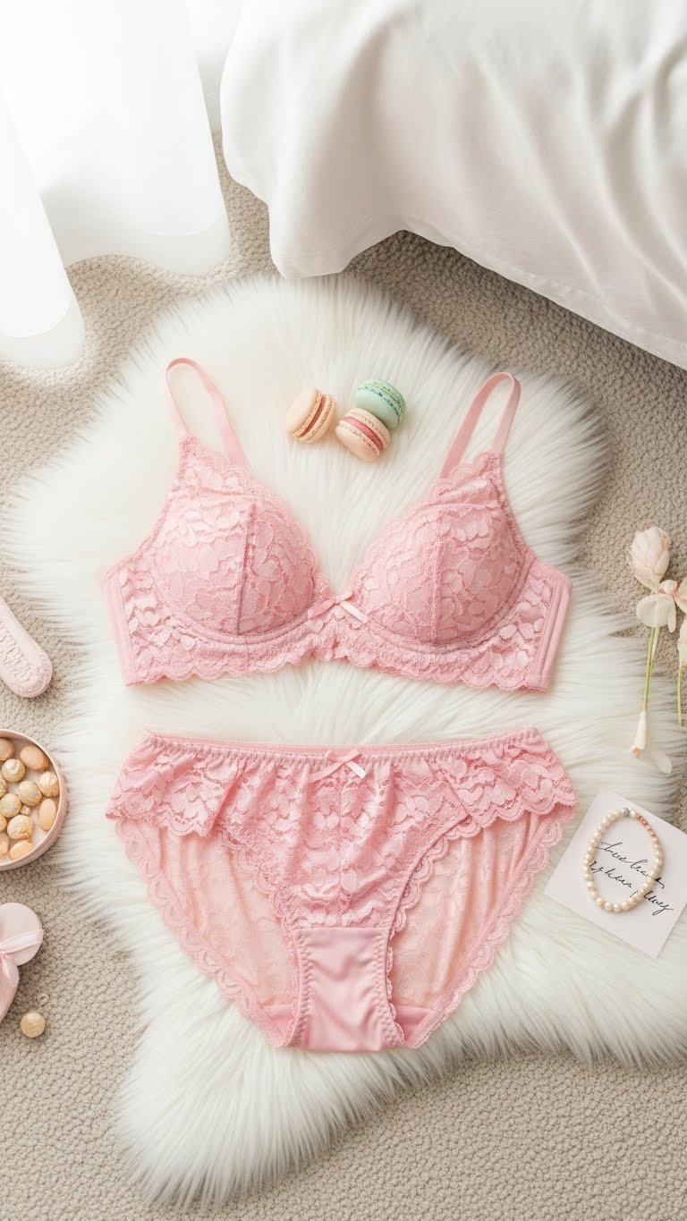 Delicate light pink lace lingerie set with heart motifs laid flat on fluffy white faux fur rug