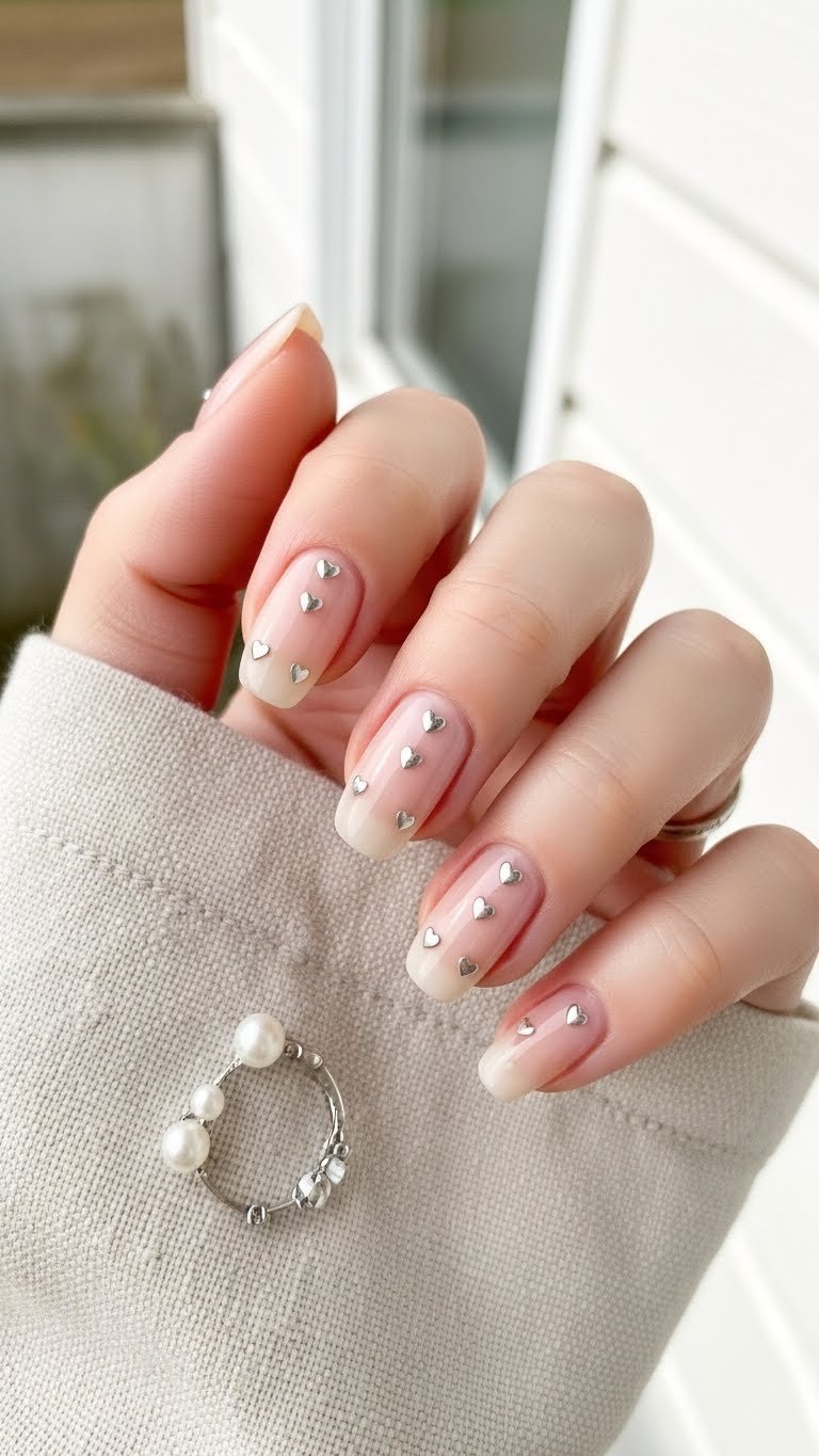 Delicate silver micro heart accents on soft neutral nails against minimalist background with subtle shimmer details