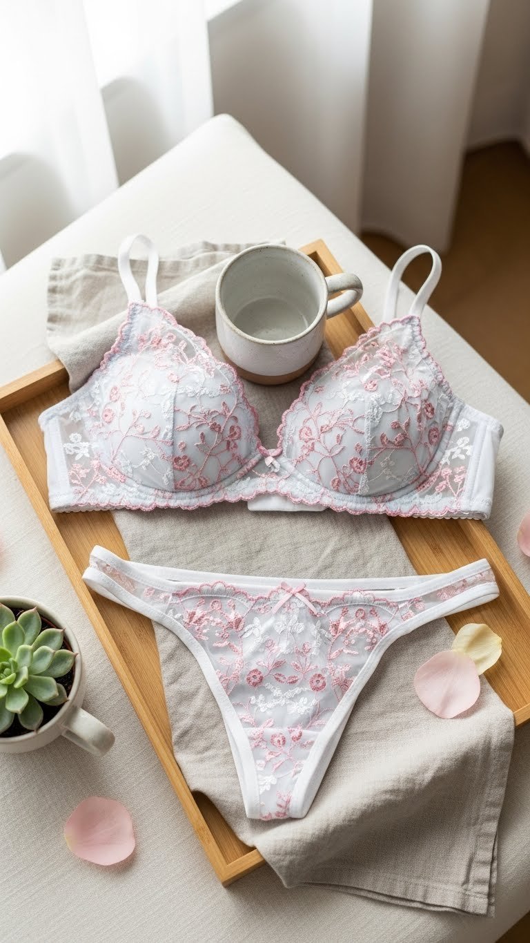 Delicate white embroidered bralette with floral stitching laid flat on light wooden tray with linen cloth