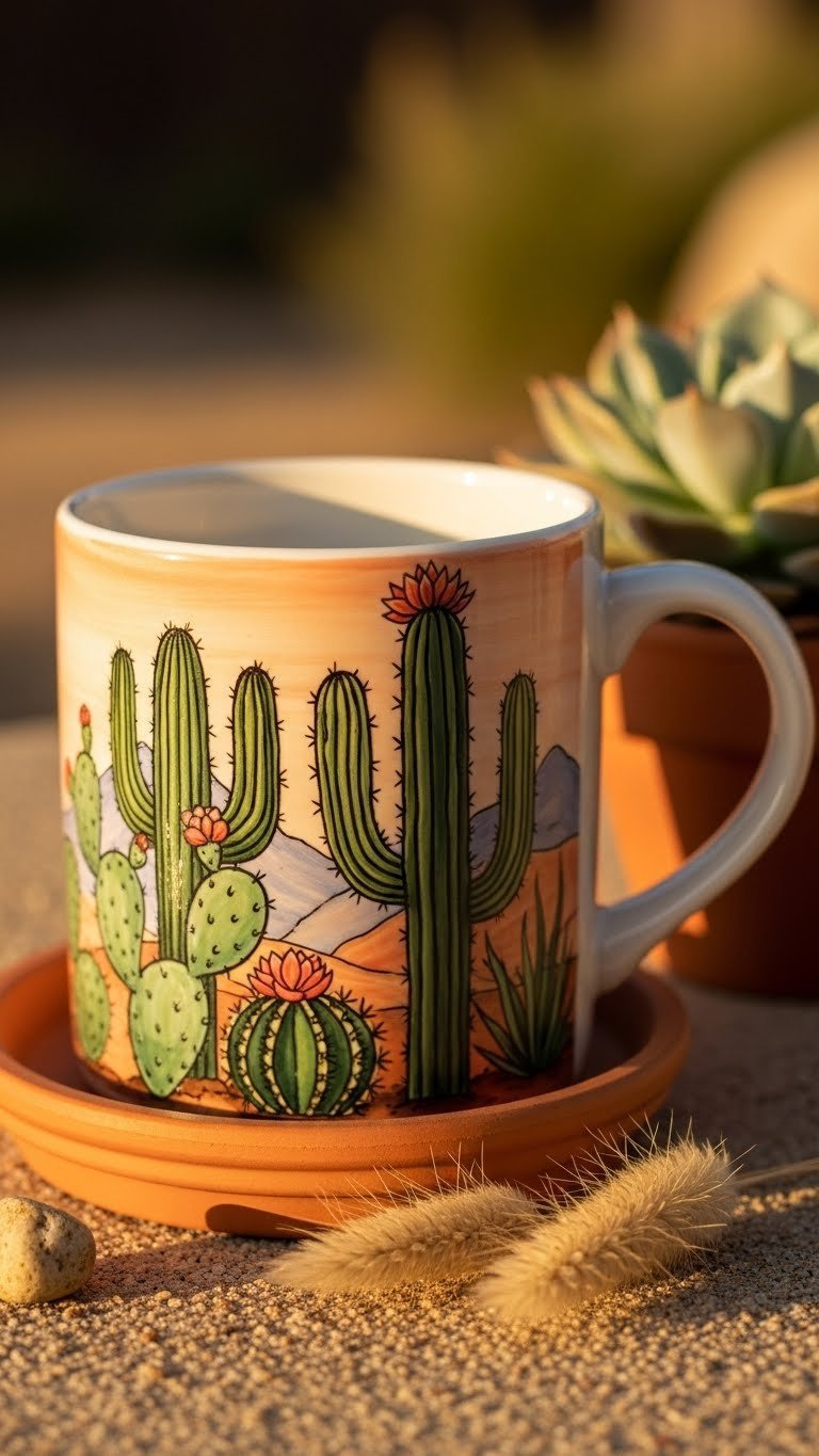 Desert-themed ceramic mug with vibrant cactus painting displayed on terra cotta saucer with succulent arrangement