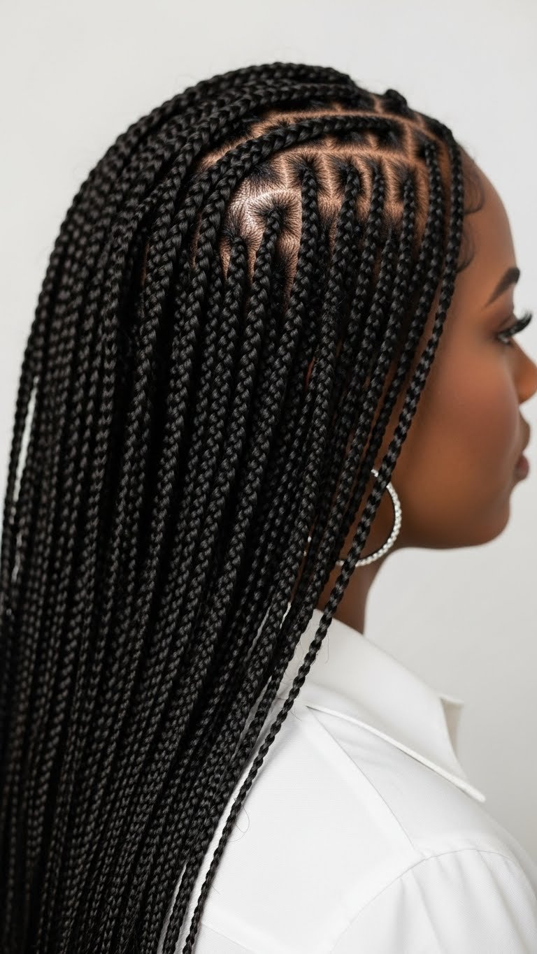 Detailed close-up of microbraids hairstyle showing fine pencil-thin braids on dark brown hair with individual definition.