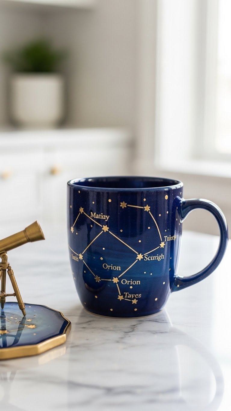 Detailed constellation map painted ceramic mug with Ursa Major and Orion star patterns against marble countertop with celestial decor