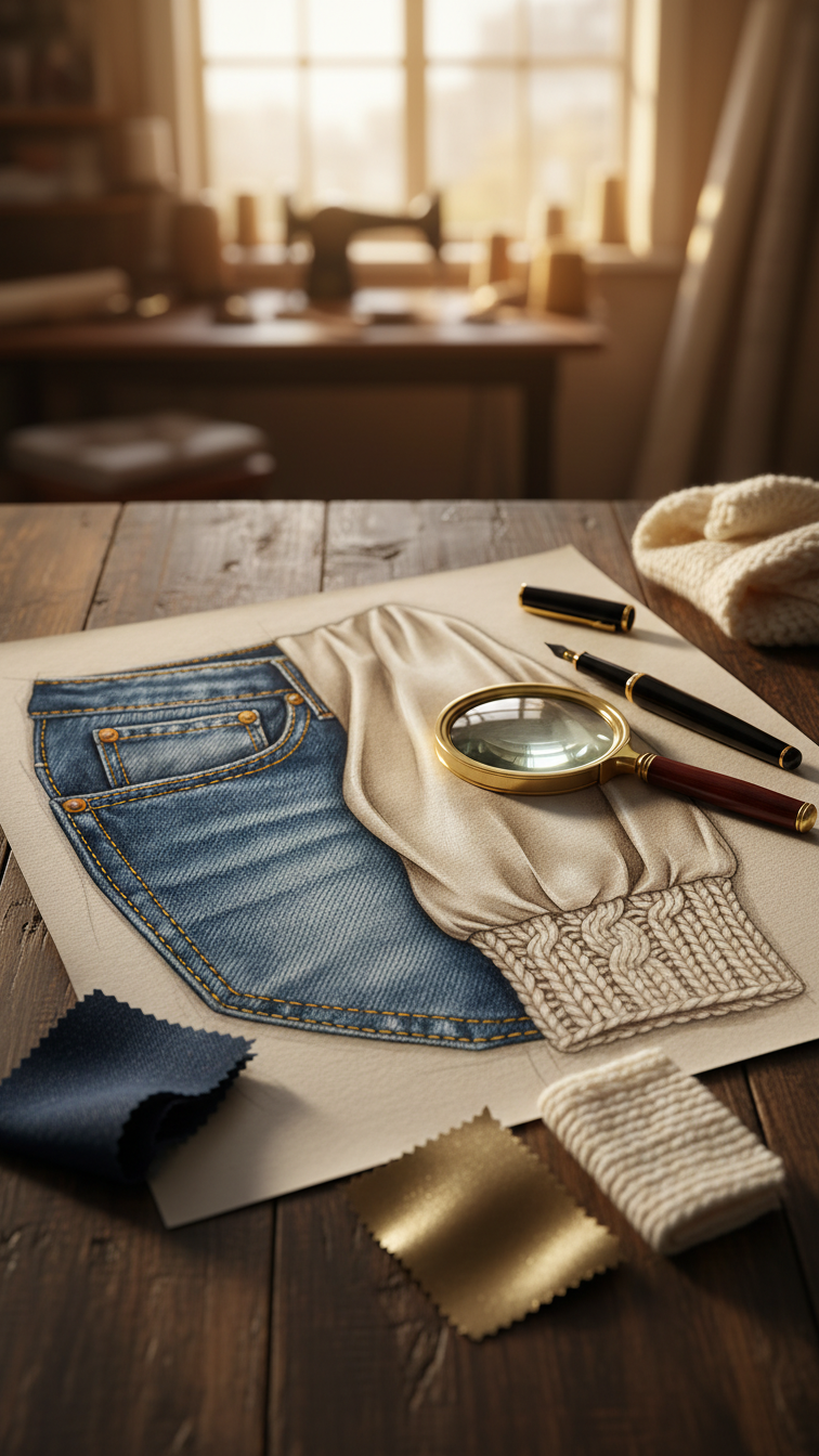 Detailed fabric texture rendering showing denim stitching and silk sheen on garment fragments with tools