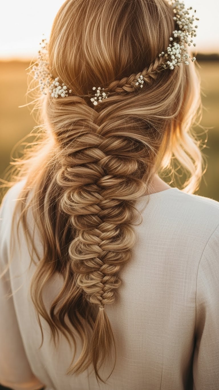 Detailed fishtail braid hairstyle on golden blonde wavy hair draped over shoulder with delicate scale-like pattern and boho-chic aesthetic.