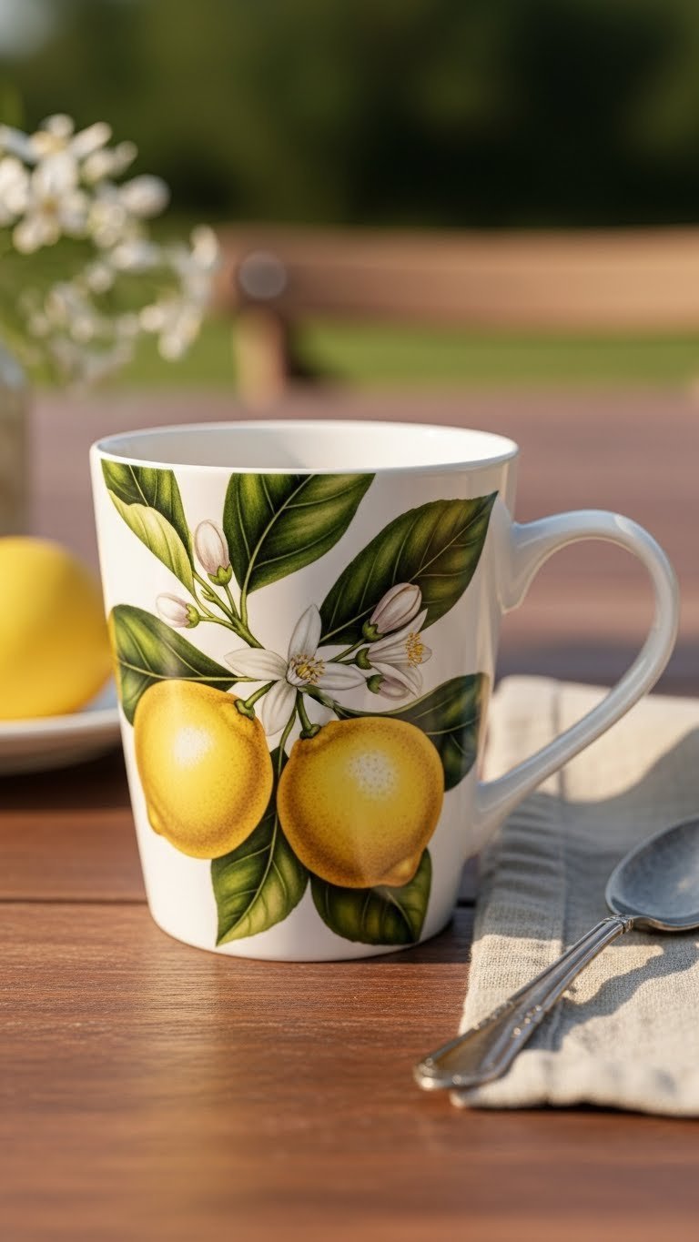 Detailed stoneware mug featuring intricate lemon branch illustration with mature fruits and delicate blossoms