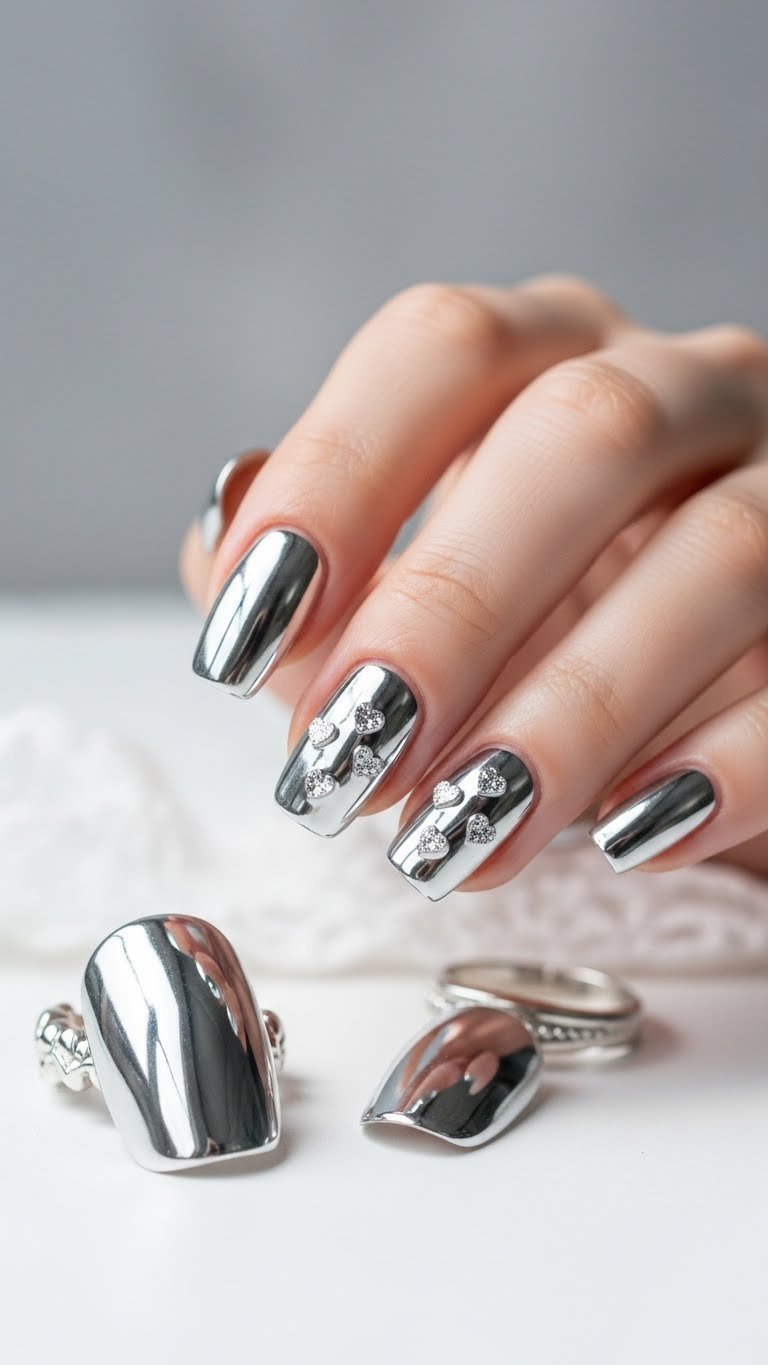 Detailed view of silver chrome nails with glitter heart accents on minimalist white background