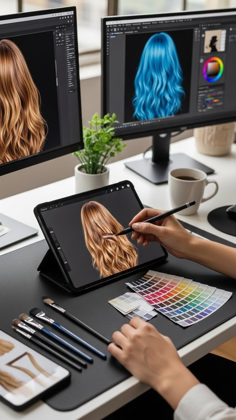 Digital hair painting tools with stylus creating realistic textures on tablet screen