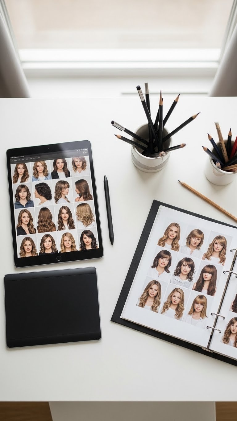 Digital hair reference library with Pinterest board on tablet and printed binder on white desk