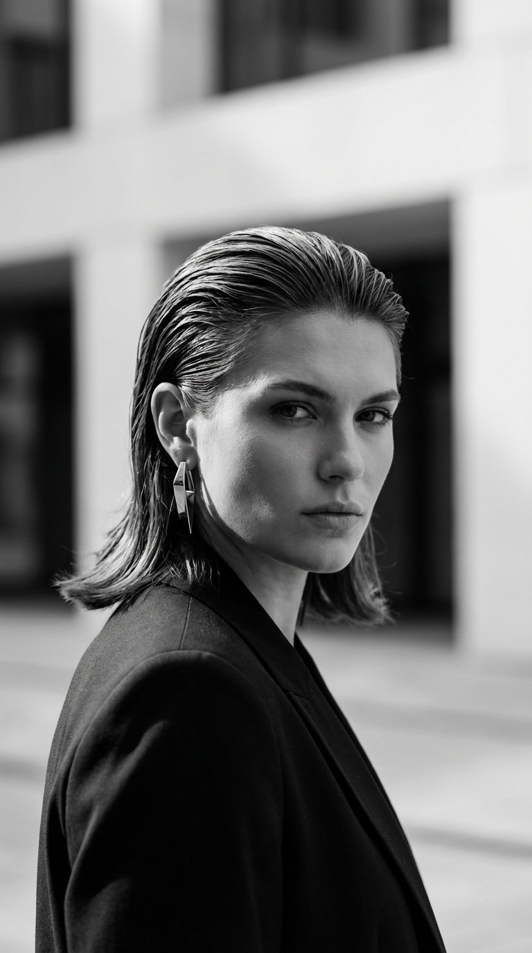 Direct portrait of slicked-back power hairstyle with wet-look finish and confident expression