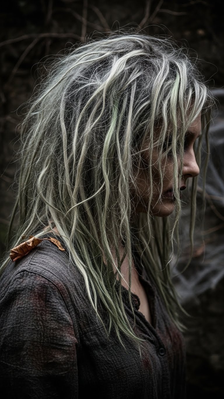 Disheveled zombie hairstyle with gray-green streaks and creepy makeup against dark decaying backdrop