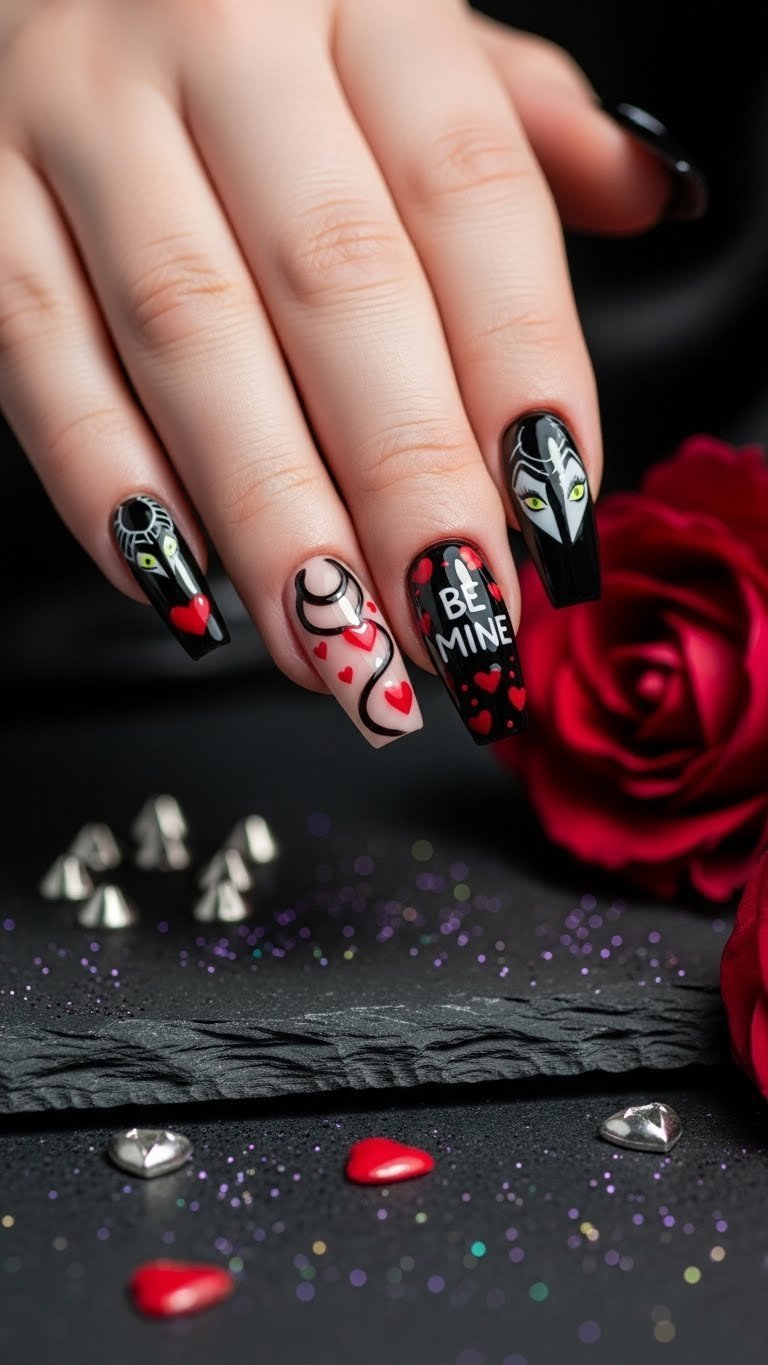 Disney Villain nail art with Maleficent horns and subtle Valentine hearts on dark edgy background